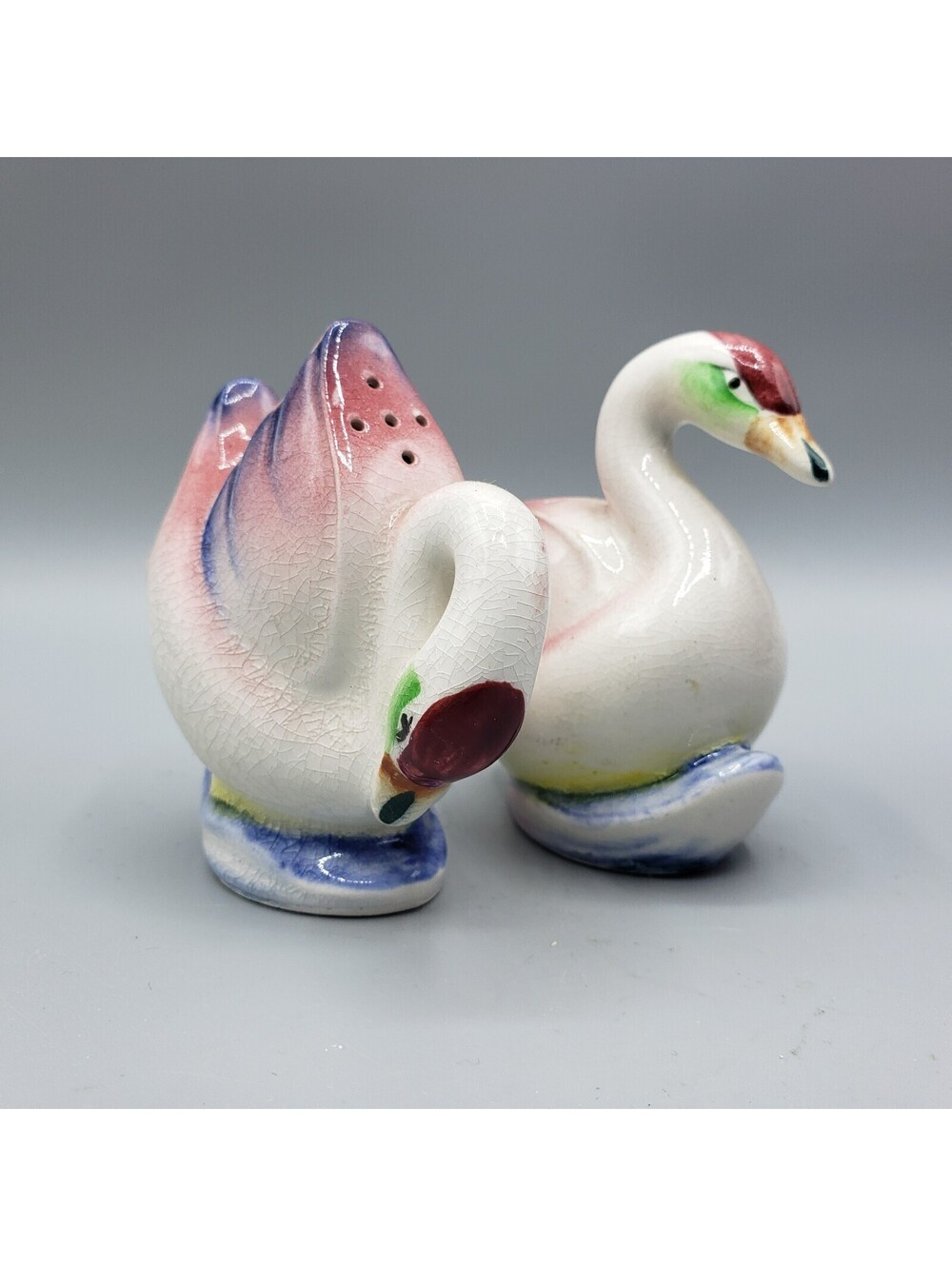 Vintage Japan Swan Salt and Pepper Shakers Ceramic Pink Blue White Birds